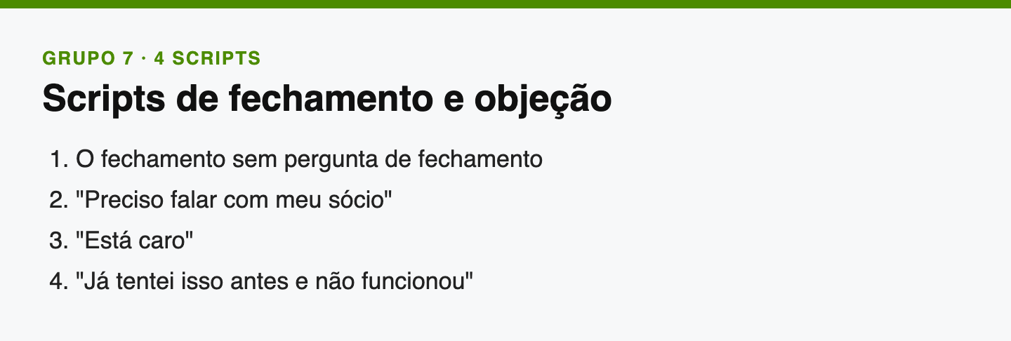 Scripts de fechamento e objeção: os quatro scripts do grupo