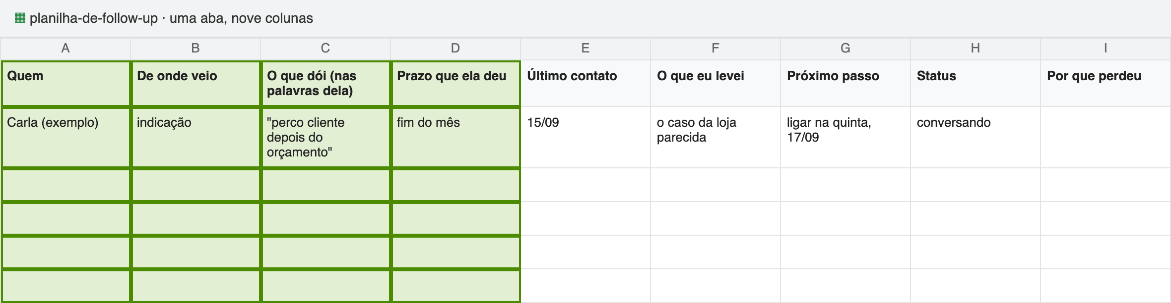 Planilha de follow-up, passo 2: Preencha logo depois da conversa