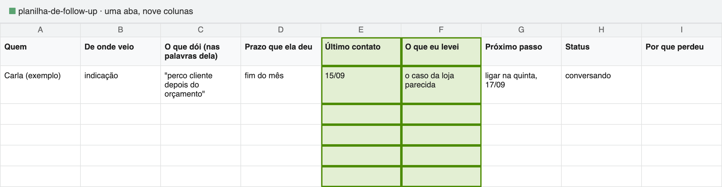 Planilha de follow-up, passo 3: Registre o que você levou
