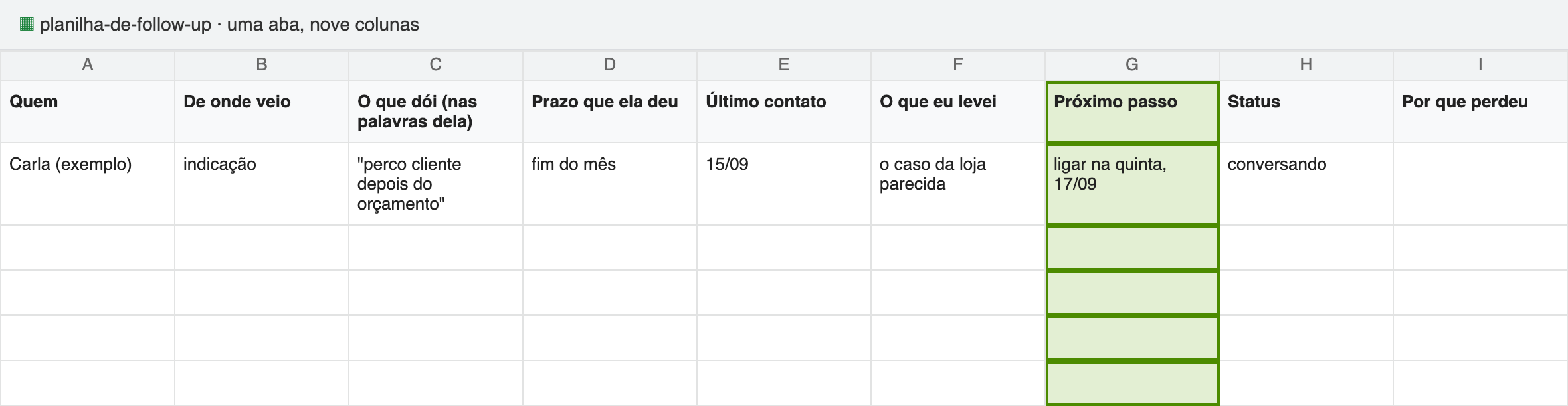Planilha de follow-up, passo 4: Marque o próximo passo com data